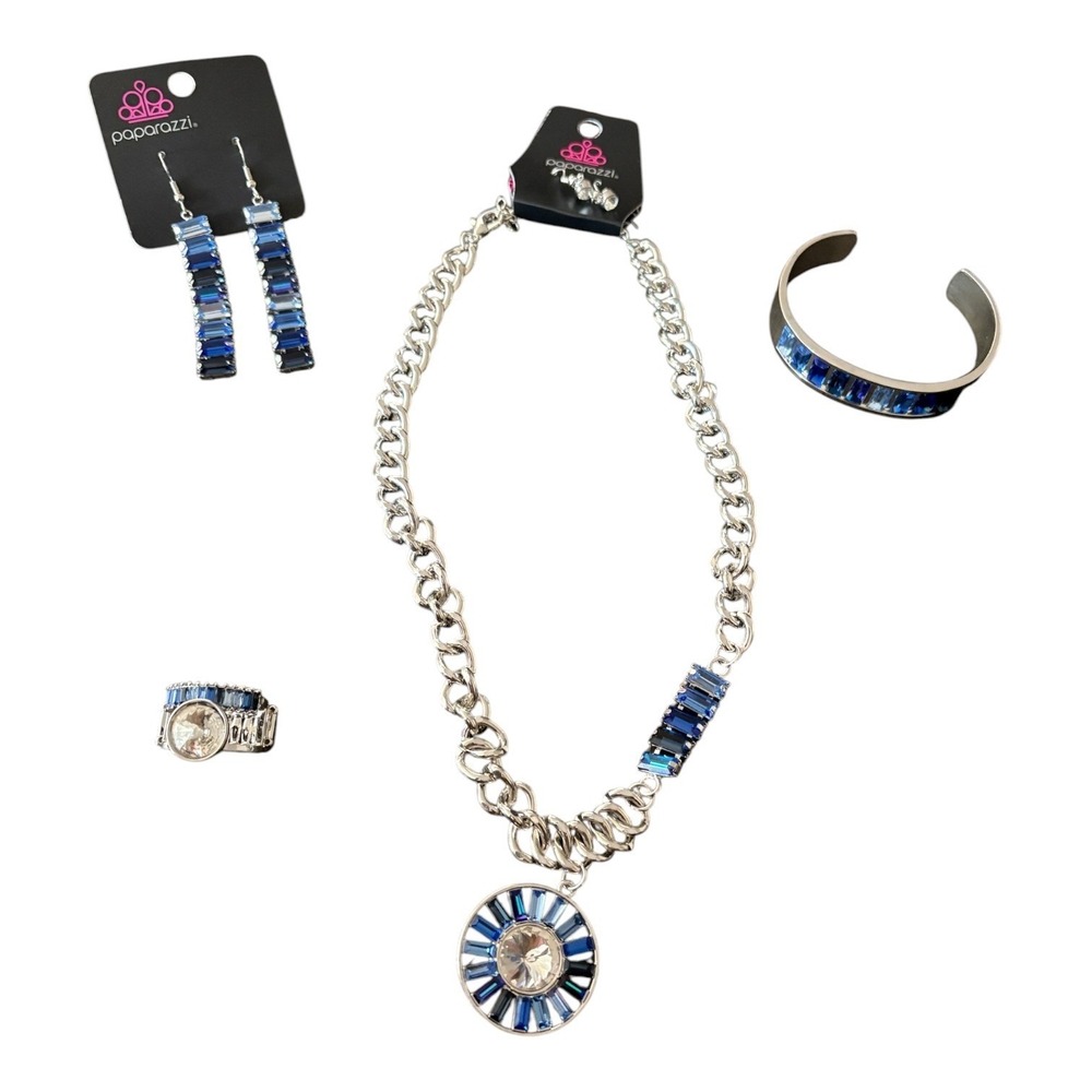 Paparazzi‎ Magnificent Musings Blue Rhinestone Necklace Earrings Bracelet Ring